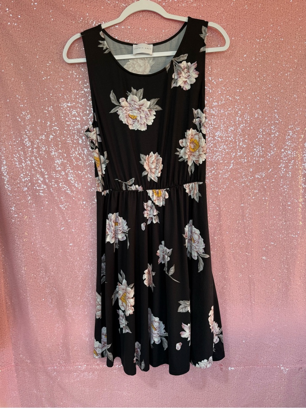 French Grey Black Floral Sleeveless Dress